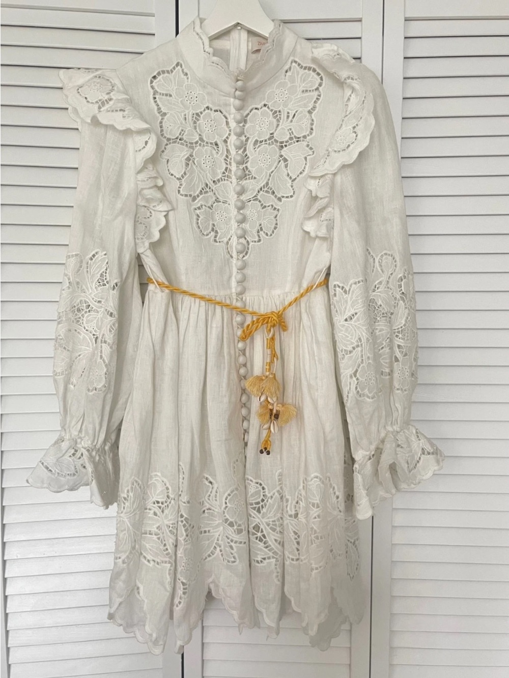 Zimmermann White Lace Mini Dress with Yellow Tassel Belt